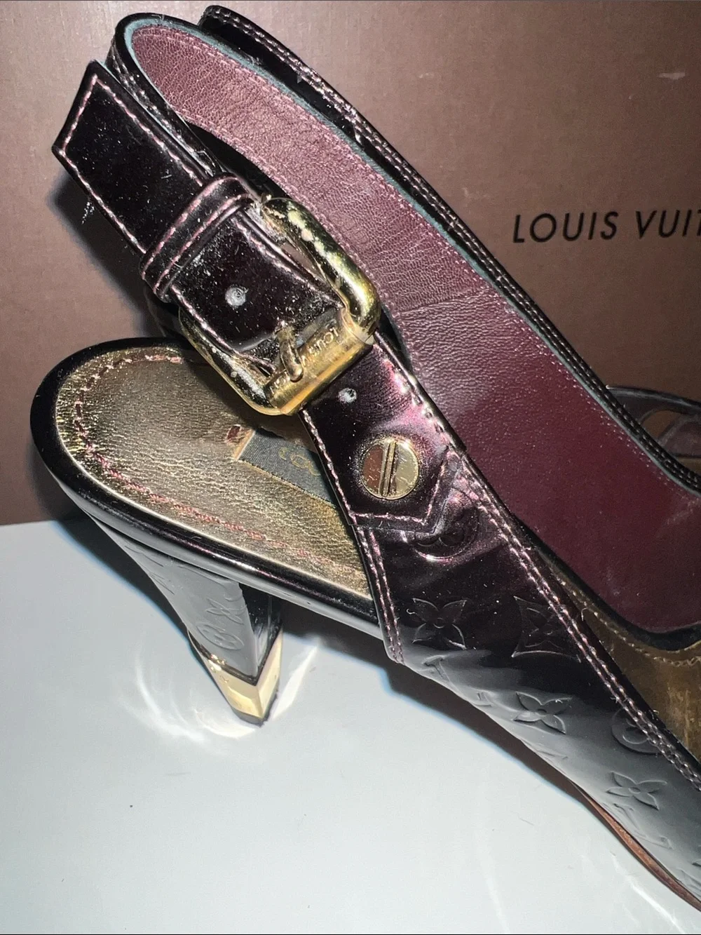 Louis Vuitton Vernis Monogram Slingback Heels with Gold Buckle
